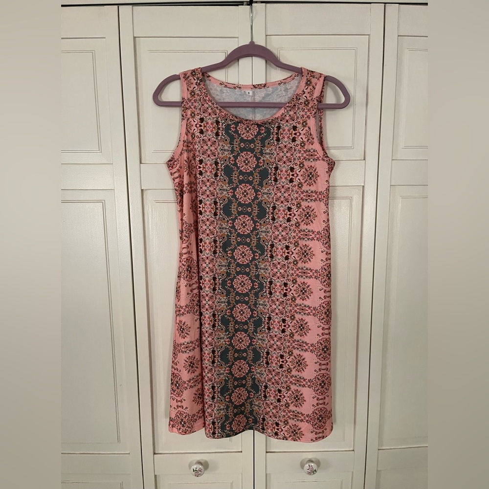 Pink and Green Patterned Sleeveless Dress